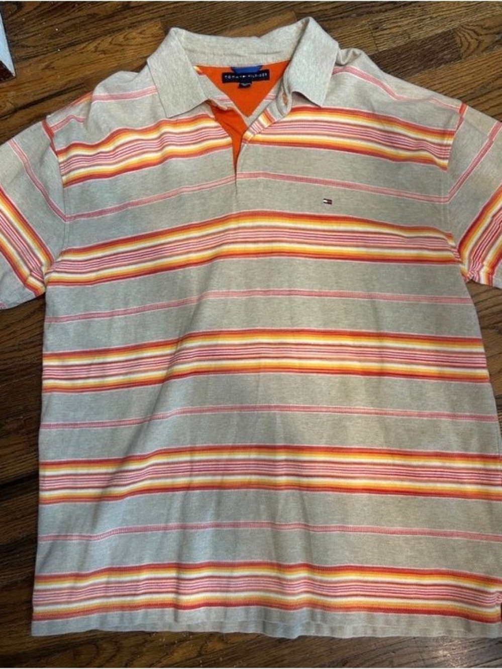 Tommy Hilfiger Beige Polo with Orange and Pink Stripes